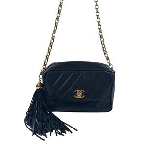 Chanel Vintage Navy Blue Quilted Lambskin Leather Tassel Camera Bag w 24K GPHW